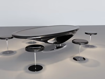 Modern Black Oval Table with Four High Stools and Metal Legs Contemporary Design 3d model