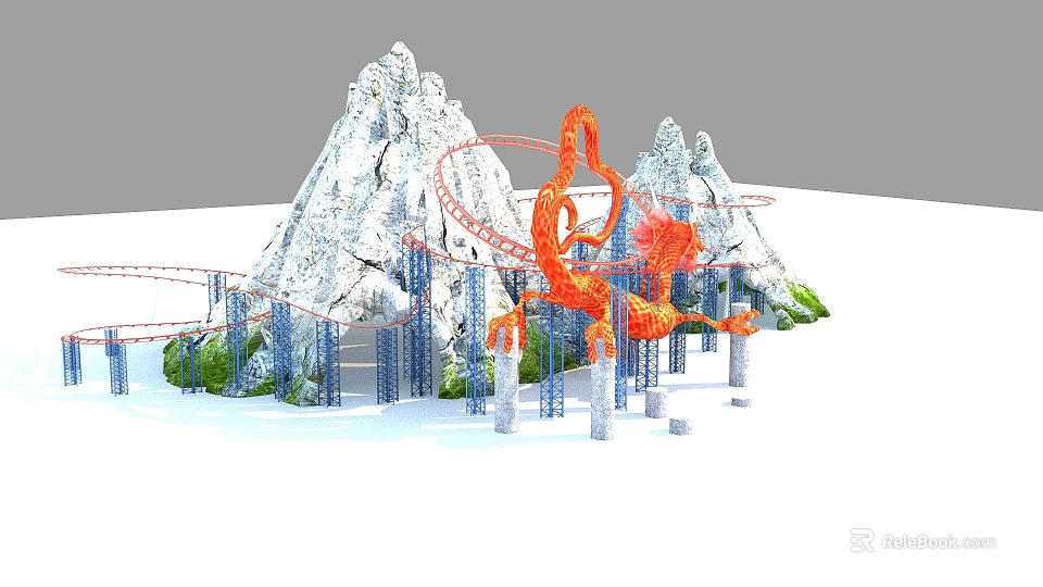 Snowy Mountain Scene With Red Dragon Shaped Roller Coaster Tracks And Pillars 3d model 