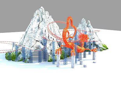 Snowy Mountain Scene With Red Dragon Shaped Roller Coaster Tracks And Pillars 3d model
