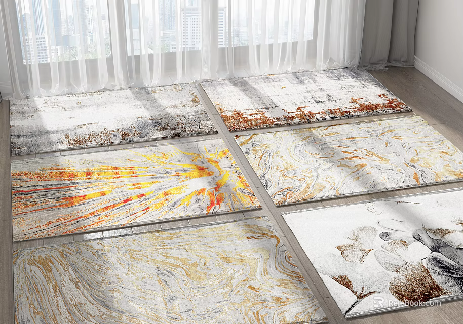 Artistic Square Rugs With Diverse Patterns In Bright Room 3d model 