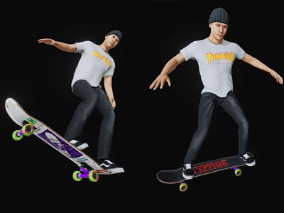 Man in White Thrasher T-Shirt Performing Skateboard Tricks with VANS Board and Green Wheels 3d model
