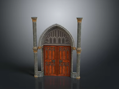 Gothic Architectural Structure With Arched Top Brown Wooden Doors Gray Columns And Golden Decorations 3d model