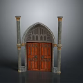Gothic Architectural Structure With Arched Top Brown Wooden Doors Gray Columns And Golden Decorations