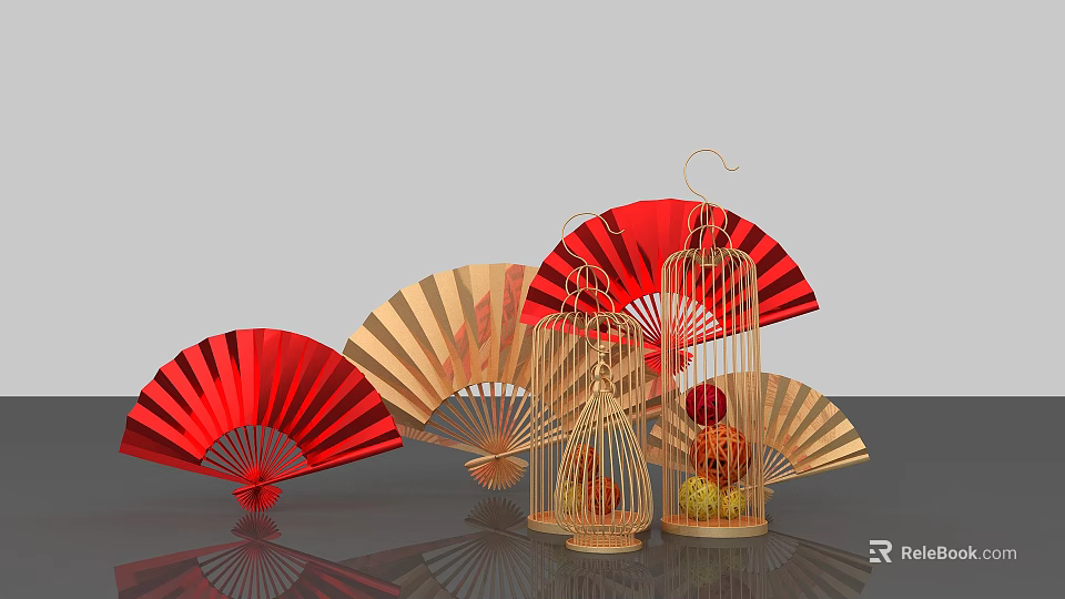 Traditional Chinese Fans and Bamboo Birdcages with Red and Beige Designs for Decorative Use 3d model 