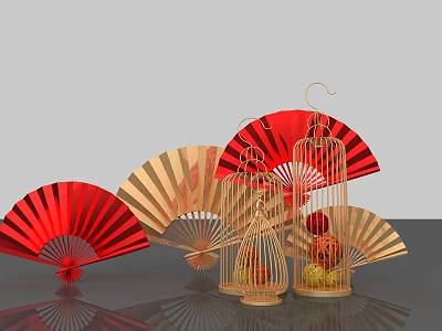 Traditional Chinese Fans and Bamboo Birdcages with Red and Beige Designs for Decorative Use 3d model