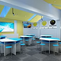 School Cafeteria Interior With Wooden Tables Stools Pendant Lights TV Screen And Windows