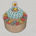 Circular Wooden Display Shelf With Colorful Decorations And Top Fruit Ornaments