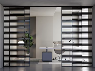 Black Louvered Sliding Doors Separating Modern Office Area With Desk Chair Plant And Lamp 3d model