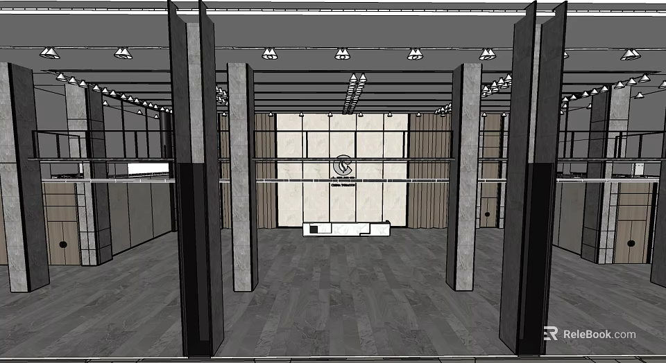Modern Reception Area Interior Design With Wooden Floor Columns Lighting Fixtures And Logo Wall 3d model 
