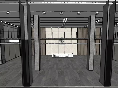 Modern Reception Area Interior Design With Wooden Floor Columns Lighting Fixtures And Logo Wall 3d model