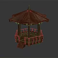 Traditional Wooden Gazebo With Pointed Roof Balustrade Staircase And Detailed Carvings