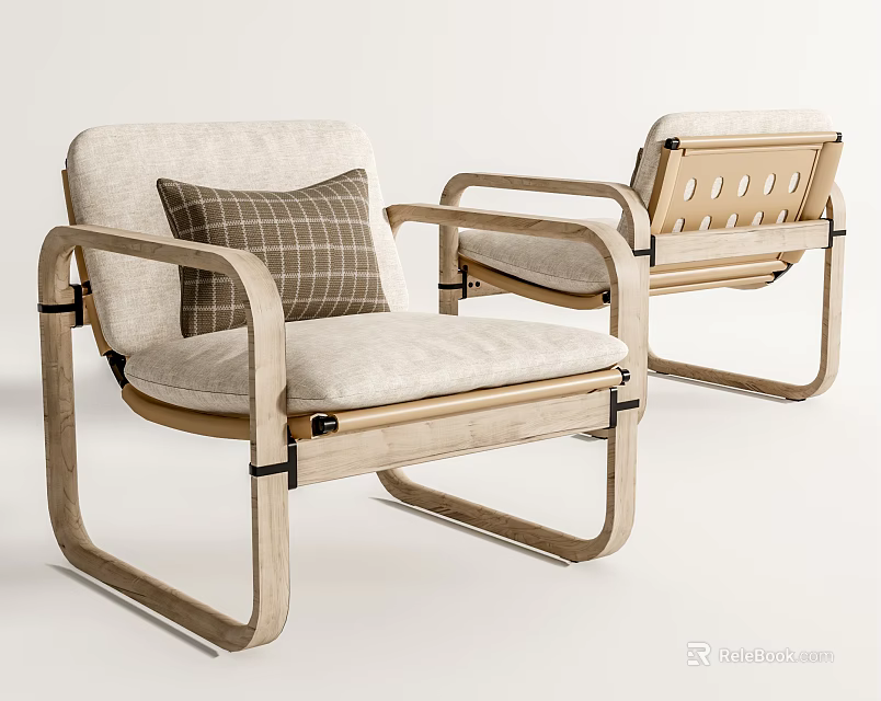Modern Design Armchair with Wooden Frame Beige Cushion and Plaid Pillow for Living Room 3d model 