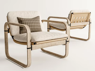 Modern Design Armchair with Wooden Frame Beige Cushion and Plaid Pillow for Living Room 3d model