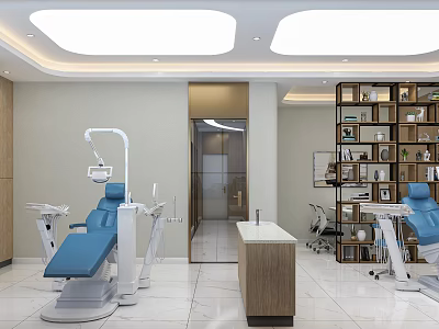 Dental Clinic Interior Design With Blue Dental Chairs Medical Equipment And Bookshelves 3d model
