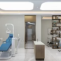 Dental Clinic Interior Design With Blue Dental Chairs Medical Equipment And Bookshelves