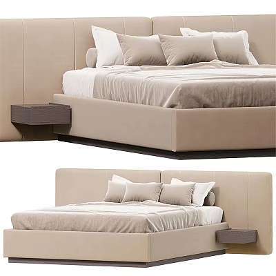 Modern Minimalist Beige Upholstered Double Bed With Low Profile Headboard And Wooden Nightstand 3d model