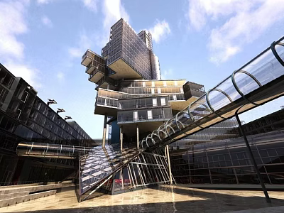 Modern Office Building Featuring Unique Architectural Design Glass Walkway And Glass Facade 3d model