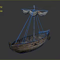 Vintage Wooden Boat With Mast Ropes And Canvas Sails On Gray Background
