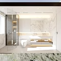 Modern Bathroom Interior With Marble Walls Double Sinks Large Mirror And Glass Shower