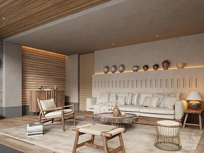 Modern Hotel Public Lounge With Wooden Wall Sofa Coffee Table And Decorative Vases 3d model