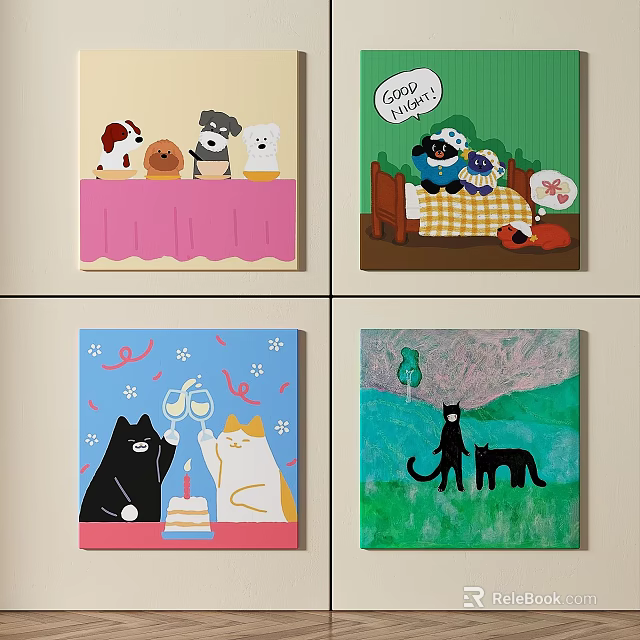 Abstract Cat Paintings With Various Cute Scenes On Canvas Art 3d model