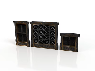 Classic Wooden Wine Cabinet Set With Grid Shelves And Three Different Sizes 3d model