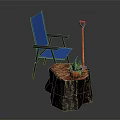 Blue Outdoor Chair With Tree Stump Table Potted Plant And Shovel
