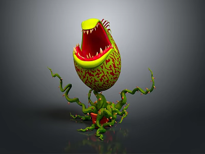 Carnivorous Plant Open Mouth Red Interior Sharp Teeth Green Yellow Spotted Exterior Vines Red Pot 3d model