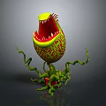 Carnivorous Plant Open Mouth Red Interior Sharp Teeth Green Yellow Spotted Exterior Vines Red Pot