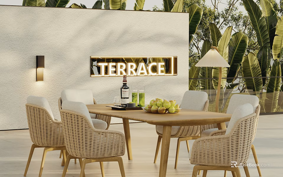 Terrace Dining Table And Wicker Chairs With Green Plants And Wall Lighting 3d model 