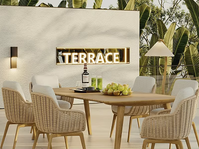 Terrace Dining Table And Wicker Chairs With Green Plants And Wall Lighting 3d model