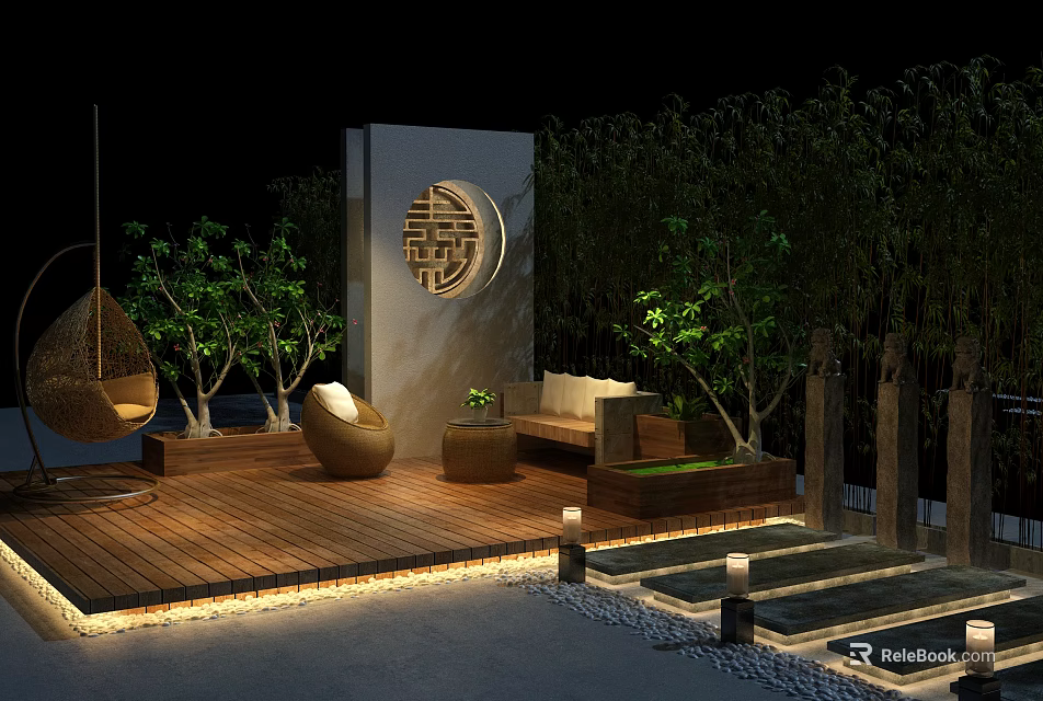 Tranquil Garden Landscape Design with Wooden Deck Rattan Hanging Chair Green Trees and Circular Wall 3d model 