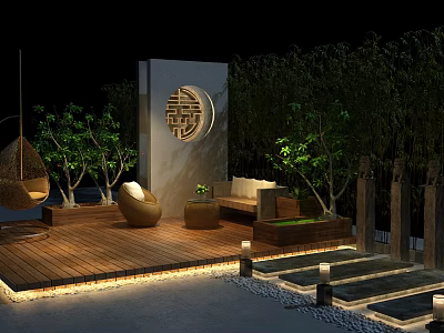 Tranquil Garden Landscape Design with Wooden Deck Rattan Hanging Chair Green Trees and Circular Wall 3d model