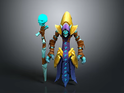 Woman Wizard Character With Blue Skin Golden Helmet Purple Robe And Skull Staff 3d model