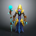 Woman Wizard Character With Blue Skin Golden Helmet Purple Robe And Skull Staff