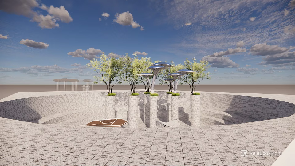 Landscape Pavilion with Green Trees and White Pillars Under Cloudy Sky on Paved Ground 3d model 