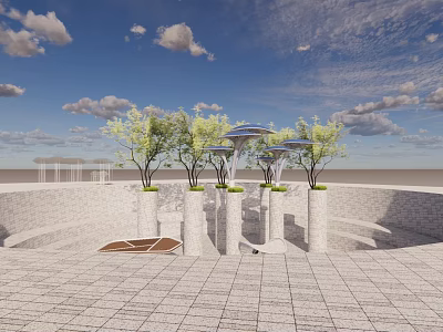 Landscape Pavilion with Green Trees and White Pillars Under Cloudy Sky on Paved Ground 3d model