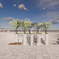 Landscape Pavilion with Green Trees and White Pillars Under Cloudy Sky on Paved Ground