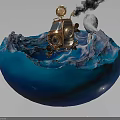 Vintage Copper Car In Blue Wave Shaped Water With Smoking Exhaust And Round Top Device 3d model