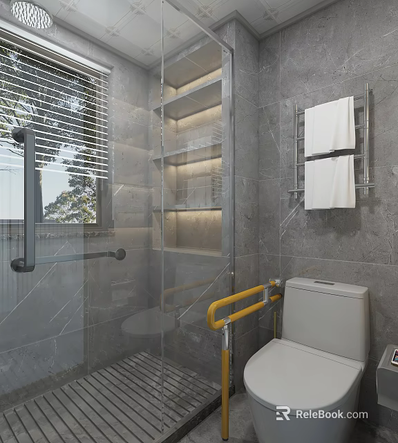 Modern Accessible Bathroom Design With Grey Marble Tile Glass Shower Nook And Safety Grab Bars 3d model 