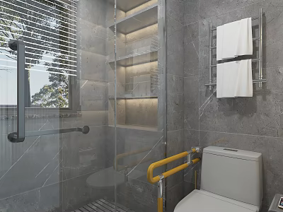 Modern Accessible Bathroom Design With Grey Marble Tile Glass Shower Nook And Safety Grab Bars 3d model