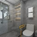 Modern Accessible Bathroom Design With Grey Marble Tile Glass Shower Nook And Safety Grab Bars