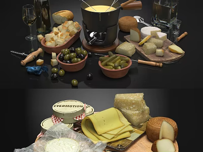 Cheese Fondue Platter with Assorted Cheeses Olives Pickles and Bread Cubes 3d model