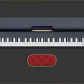 Dark Blue Upright Piano with Black White Keys Red Stool and Gold Accents