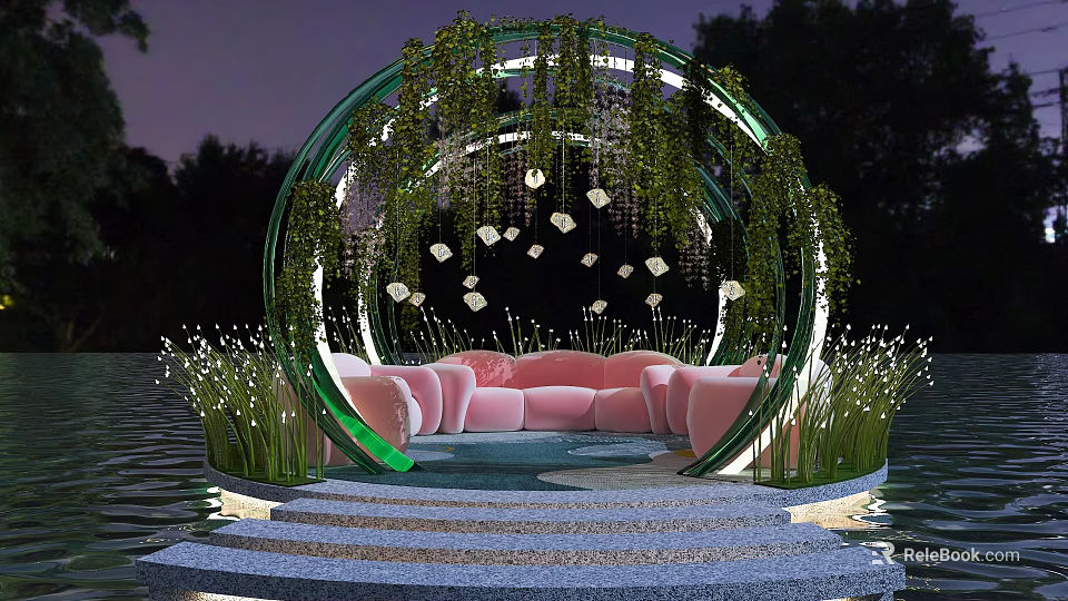 Serene Nighttime Waterfront Lounge With Circular Arch Green Vines Pink Sofas And White Flowers 3d model 