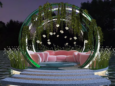 Serene Nighttime Waterfront Lounge With Circular Arch Green Vines Pink Sofas And White Flowers 3d model