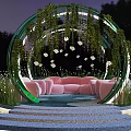 Serene Nighttime Waterfront Lounge With Circular Arch Green Vines Pink Sofas And White Flowers