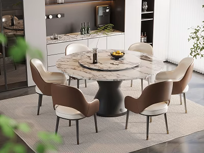 Modern Round Dining Table Set With Marble Top Black Base And Brown White Chairs 3d model
