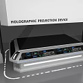 Tech Exhibition Hall Featuring Holographic Projection Device And Interactive Display Console 3d model