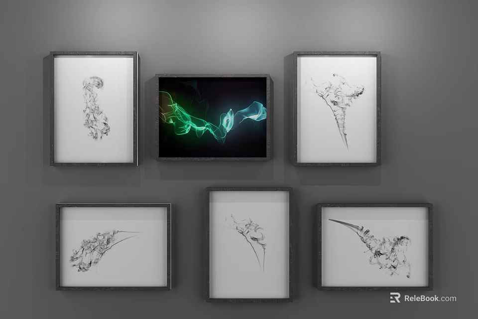 Six Abstract Paintings Hanging on Gray Wall With Central Colorful Surrounding Black White Framed Artworks 3d model 
